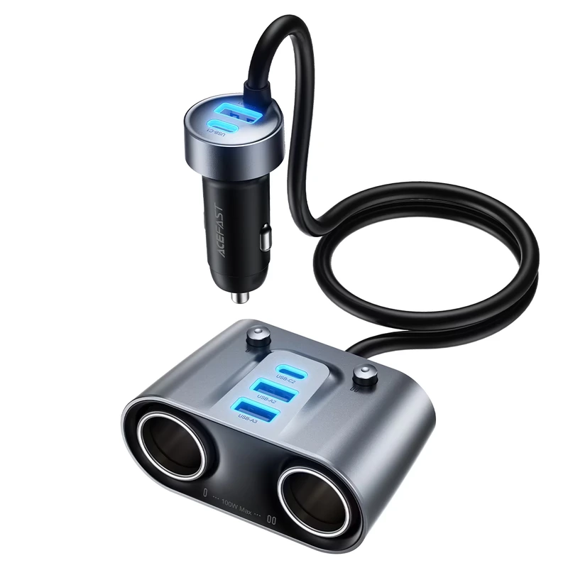 Автомобільний зарядний пристрій ACEFAST B22 152W 2-in-1 Car Charger（2USB-C+3USB-A+Dual Cig Lighter） metal gray — ACEFAST