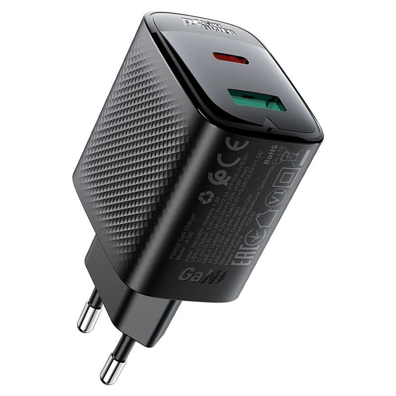 Мережевий зарядний пристрій ACEFAST A106 PD45W GaN (USB-C+USB-A) charger (EU) Black