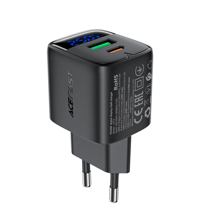 Мережевий зарядний пристрій ACEFAST A114 PD25W GaN charger (USB-A+USB-C) with digital display Black — ACEFAST