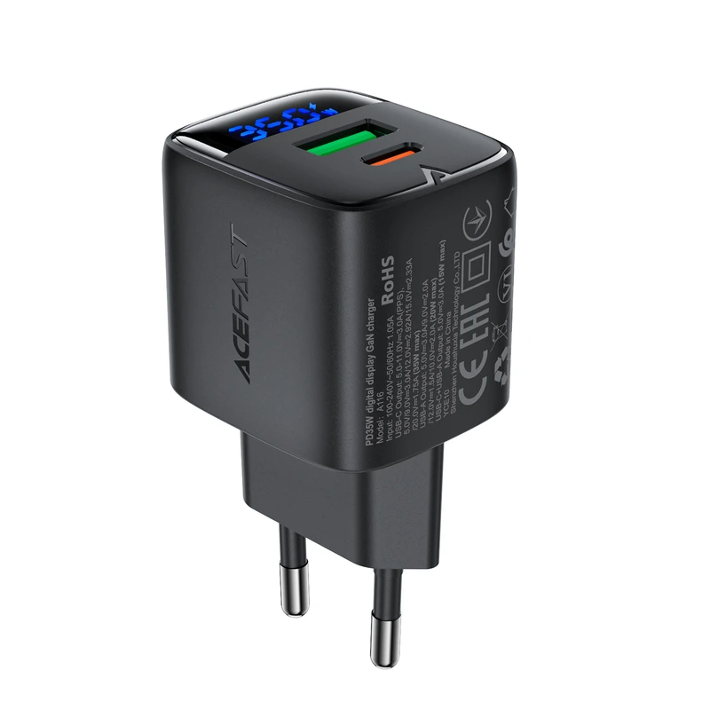 Мережевий зарядний пристрій ACEFAST A116 PD35W GaN charger (USB-A+USB-C) with digital display Black — ACEFAST