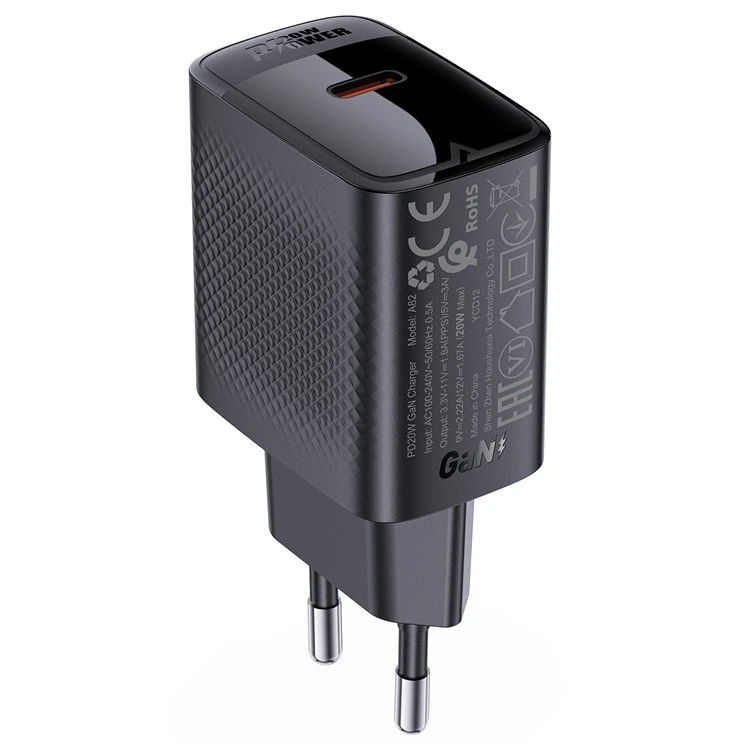 Мережевий зарядний пристрій ACEFAST A82 PD20W GaN single USB-C charger Black — ACEFAST