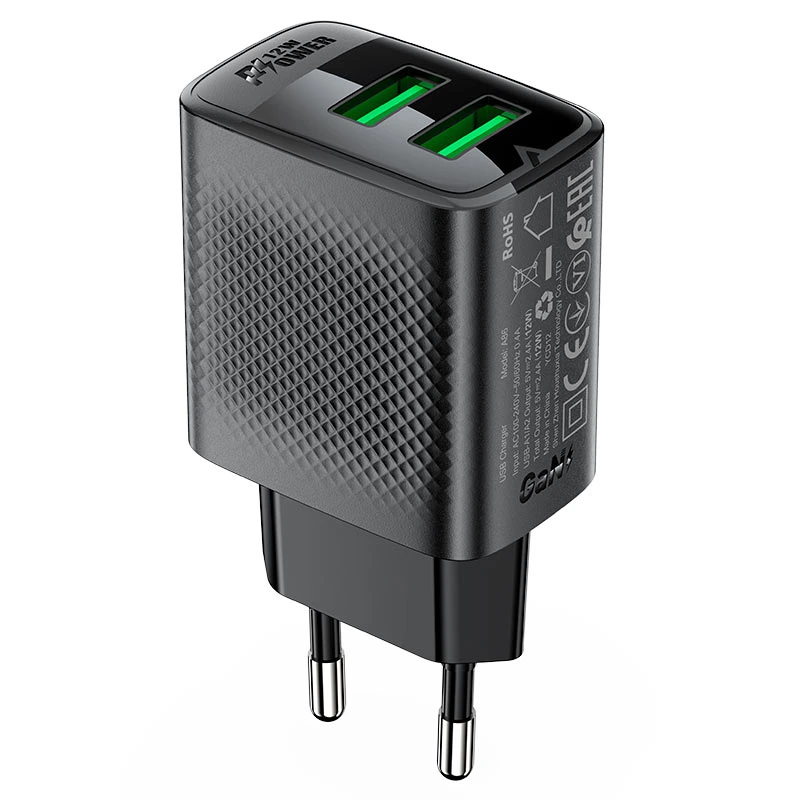 Мережевий зарядний пристрій ACEFAST A86 12W (USB-A+USB-A) dual port charger  Black