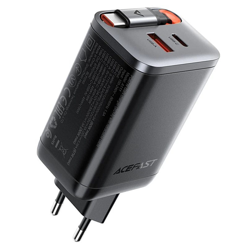 Мережевий зарядний пристрій з кабелем ACEFAST A111 PD67W GaN charger(2*USB-C+USB-A) with retractable cable Black — ACEFAST