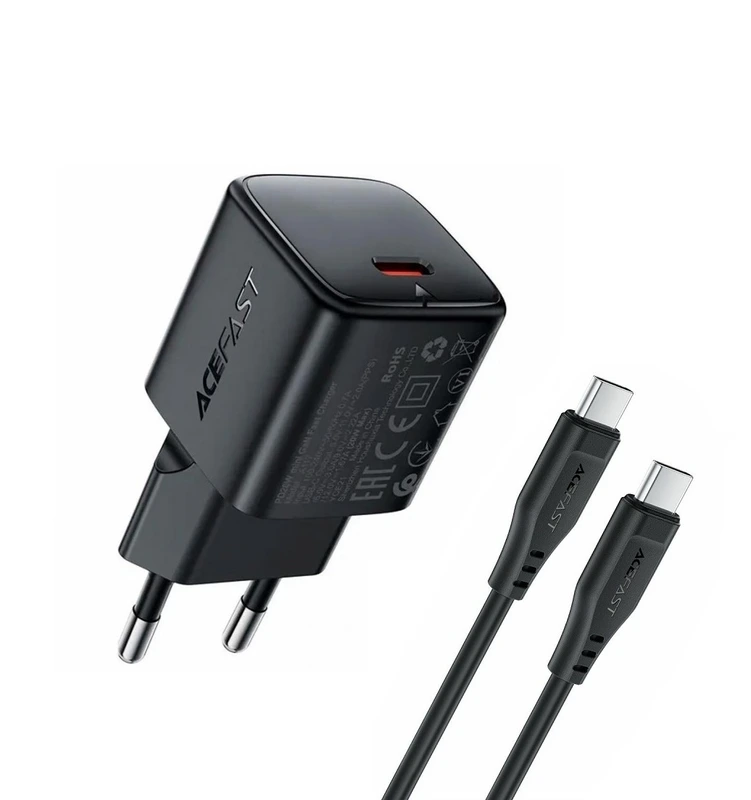 Мережевий зарядний пристрій з кабелем ACEFAST A117 PD20W mini GaN fast charger set(P16),black  Black