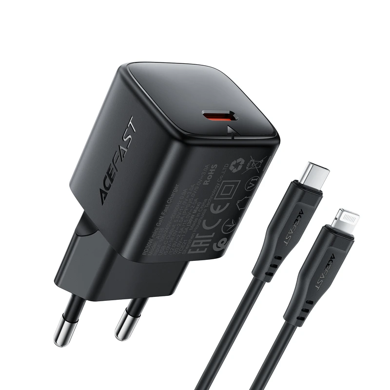 Мережевий зарядний пристрій з кабелем ACEFAST A118 PD30W mini GaN USB-C fast charger set (P16) Black