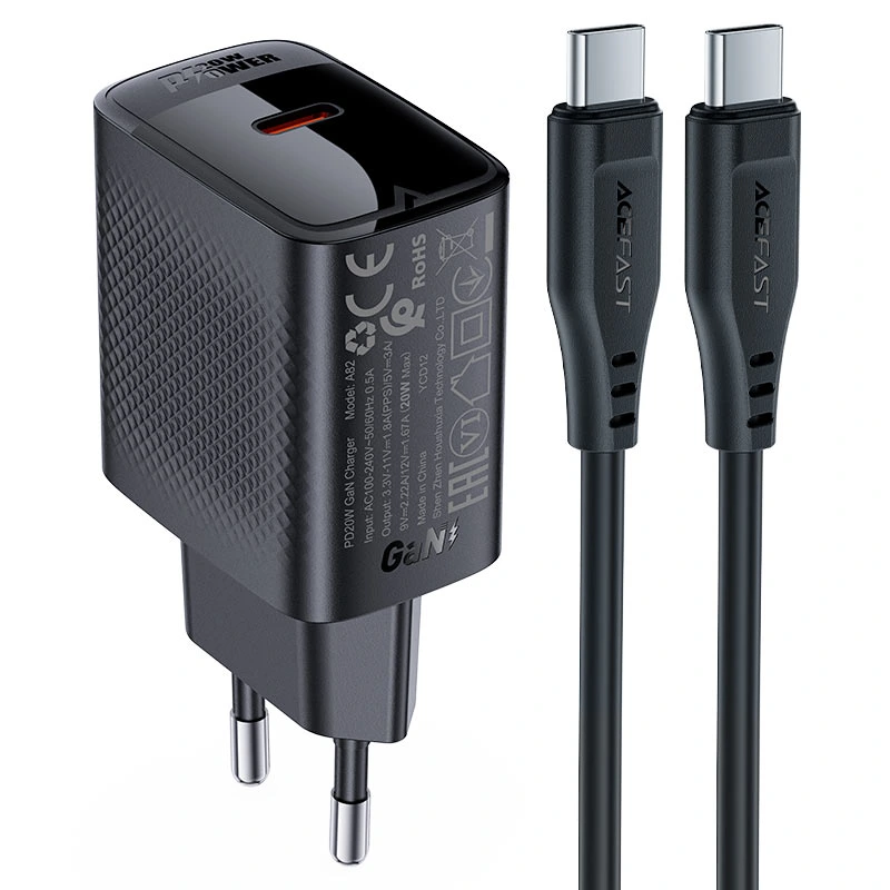 Мережевий зарядний пристрій з кабелем ACEFAST A82 PD20W GaN single USB-C charger set (P5) (EU) Black — ACEFAST
