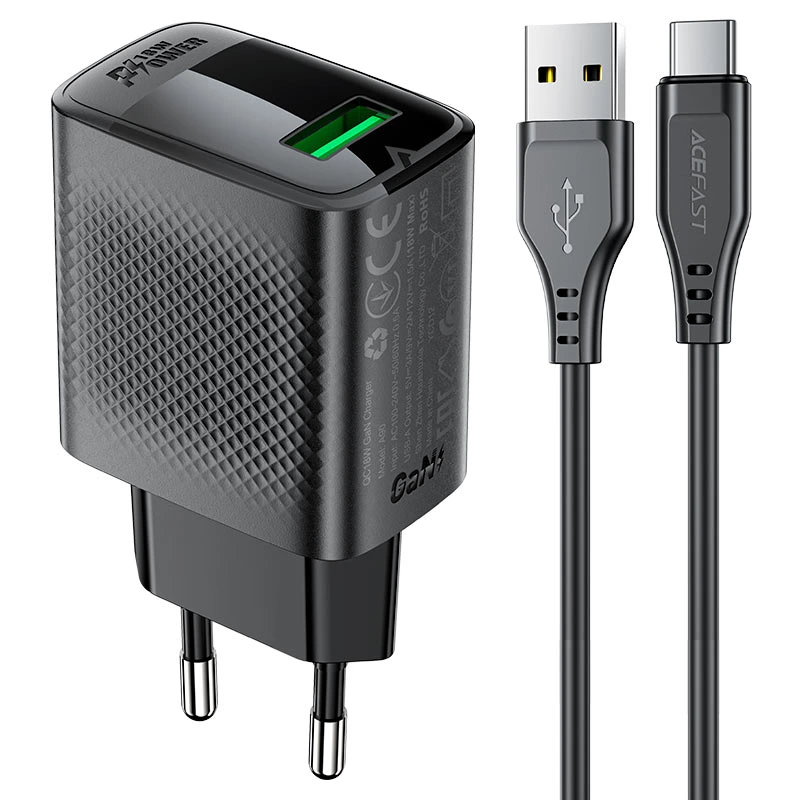 Мережевий зарядний пристрій з кабелем ACEFAST A90 QC18W GaN single USB-A charger set (P3) (EU) Black