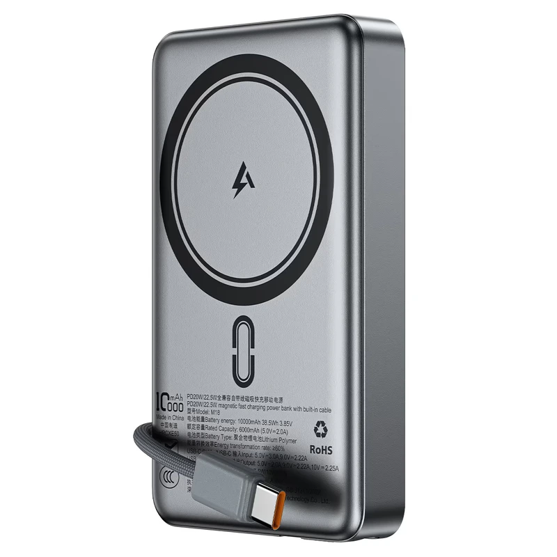 Зовнішній акумулятор ACEFAST M18-10000 PD20W/22.5W magnetic fast charging power bank with built-in cable Black