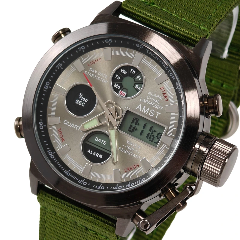 Чоловічий спортивний водостійкий тактичний годинник AMST Mountain Green — AMST