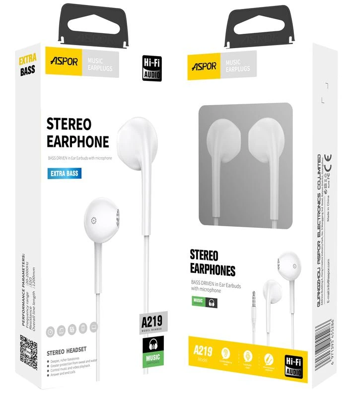 Навушники з мікрофоном Aspor A219 Stereo Earphone (3.5мм)- білий