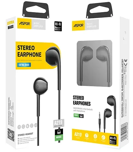 Навушники з мікрофоном Aspor A219 Stereo Earphone (3.5мм)- чорний