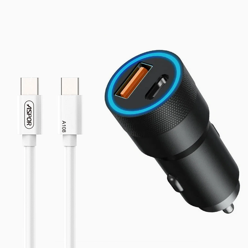 Автомобільний зарядний пристрій Aspor A909 PD Metal (USB/USB-C/3.4A/38W) LED + кабель Type-C – Type-C- чорний — Aspor