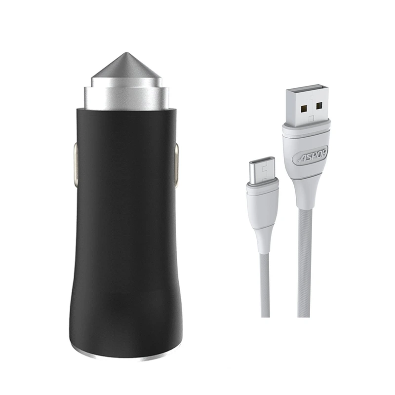 Автомобільний зарядний пристрій Aspor A918 Metal LED (2USB/3.4A) + кабель USB – Type-C- чорний
