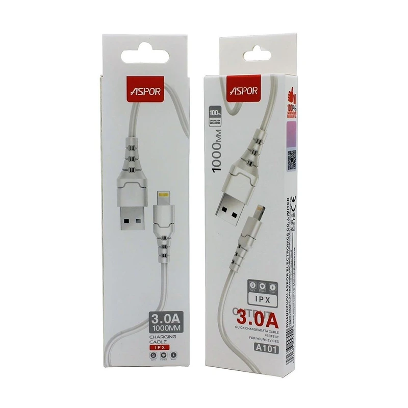 Кабель Aspor A101 USB – Lightning Fast Charge 3A/1м- білий — Aspor