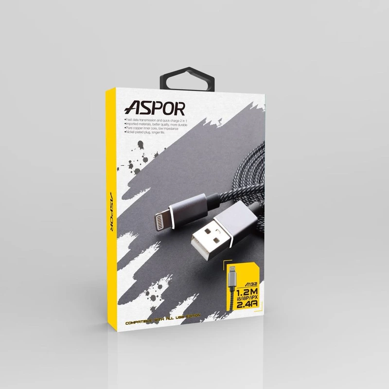 Кабель Aspor A132 Nylon USB – Lightning 2.4A/1.2м- чорний — Aspor
