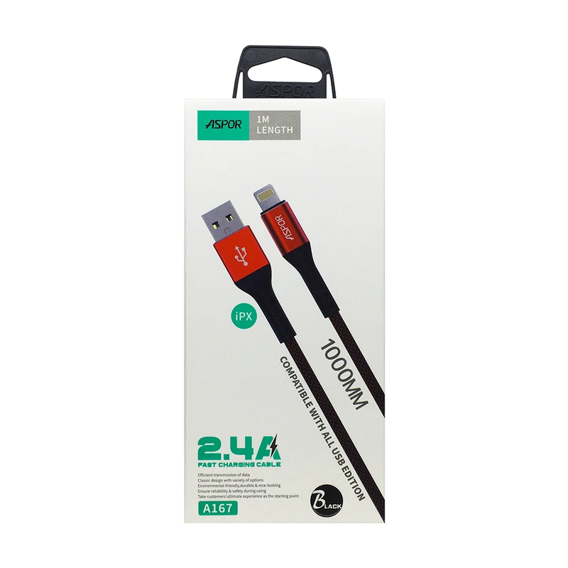 Кабель Aspor A167 USB – Lightning 2.4A/1м- чорний — Aspor