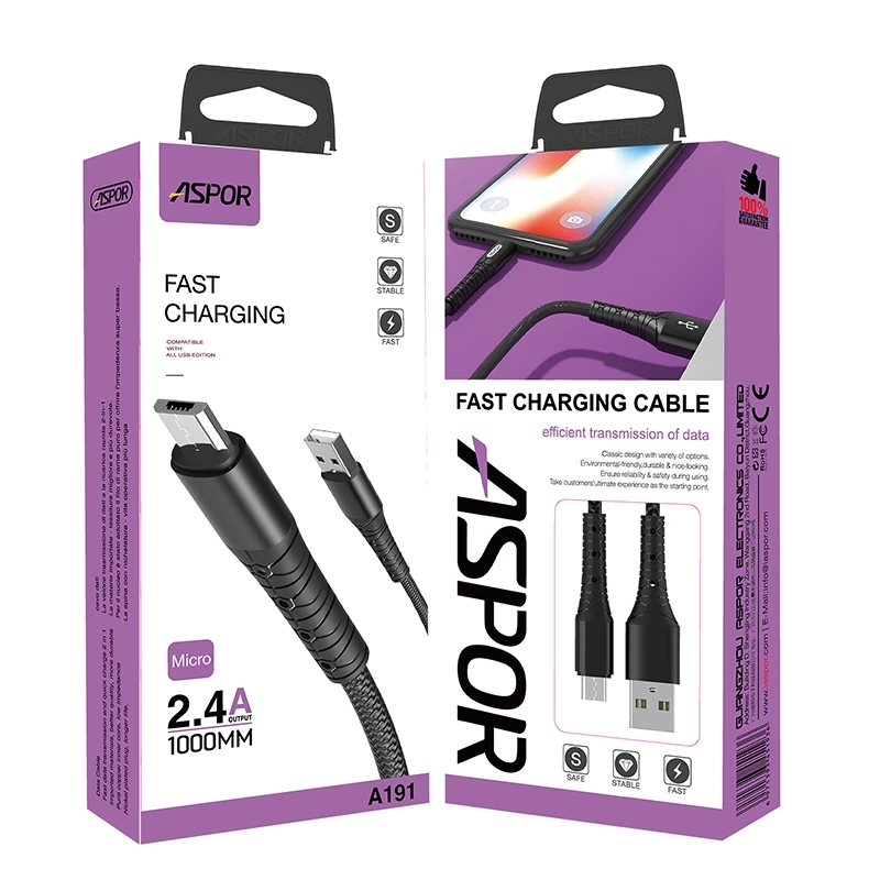 Кабель Aspor A192 USB – Lightning 2.4A/1м- чорний — Aspor