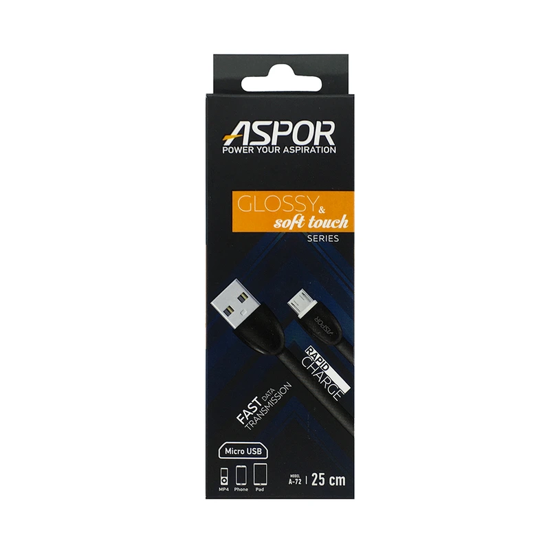 Кабель Aspor A72 глянсовий USB – Micro для PB 2A/0.25м- чорний