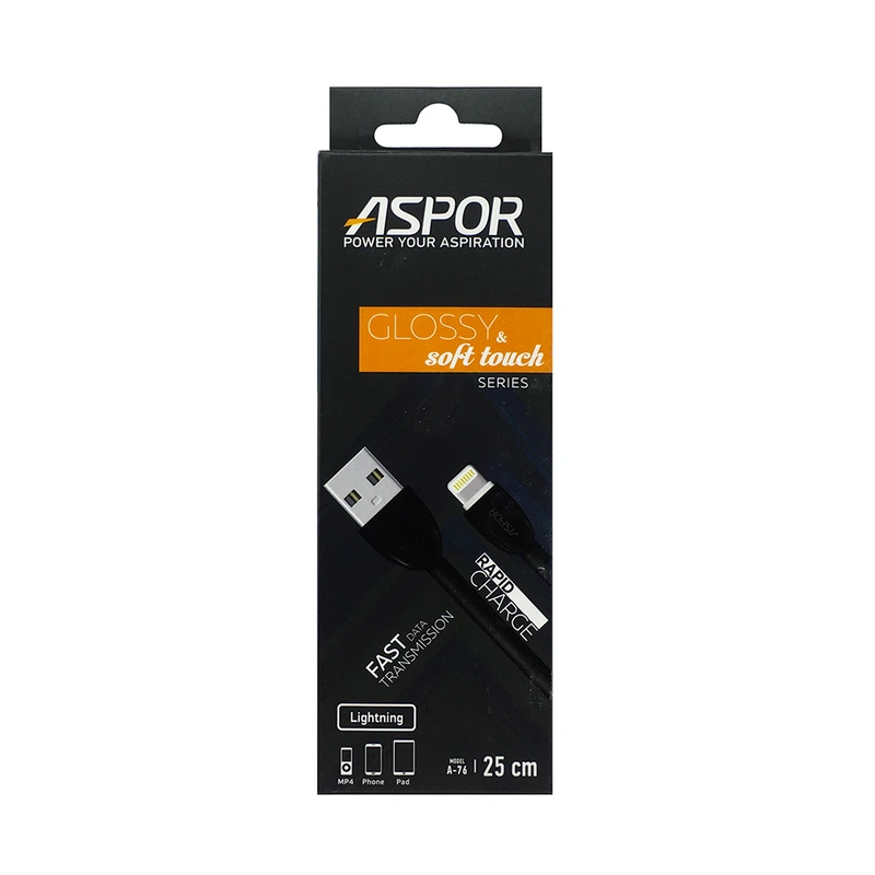 Кабель Aspor A76 глянсовий USB – Lightning для PB 2A/0.25м- чорний — Aspor