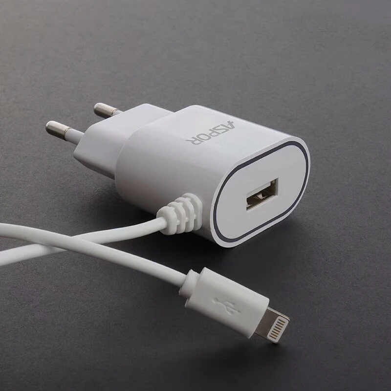 Мережевий зарядний пристрій Aspor A802 1USB/1A LED + USB кабель Lightning- білий — Aspor