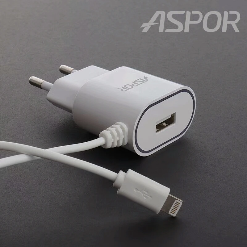 Мережевий зарядний пристрій Aspor A802 Plus (1USB/2.4A) LED + USB кабель Lightning- білий — Aspor
