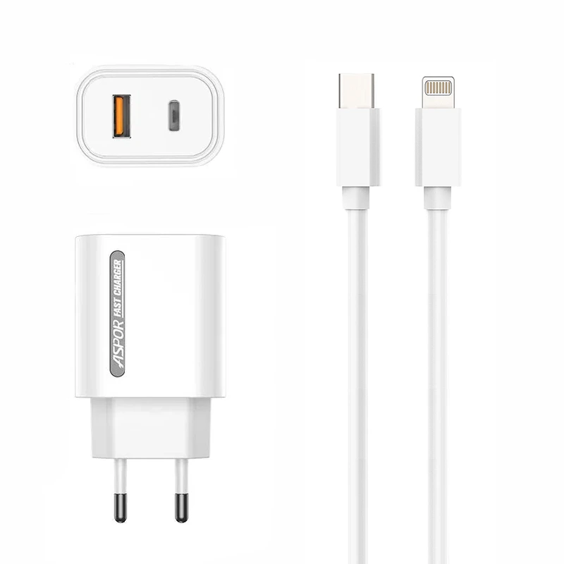 Мережевий зарядний пристрій Aspor A806 Fast Charger (USB/USB-C/3A/33W) + кабель Type-C – Lightning- білий