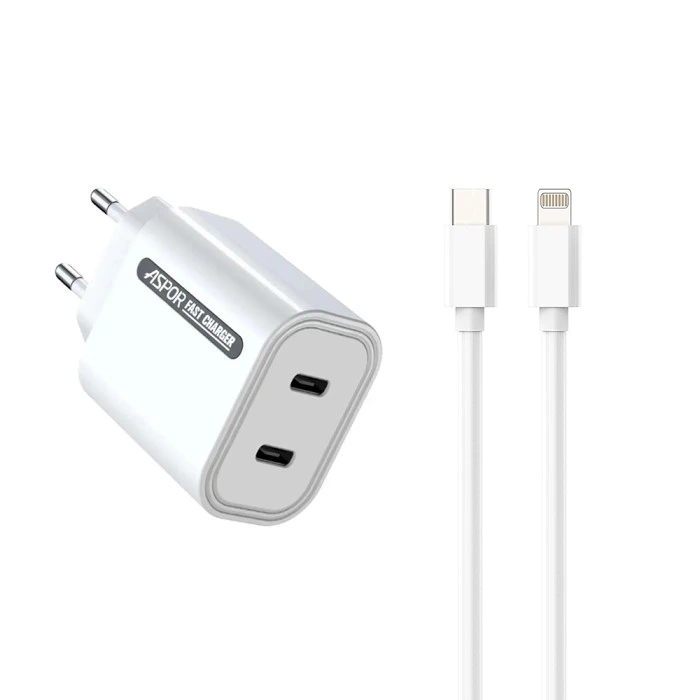 Мережевий зарядний пристрій Aspor A807 (USB-C/USB-C/3A/45W) + кабель Type-C – Lightning- білий — Aspor