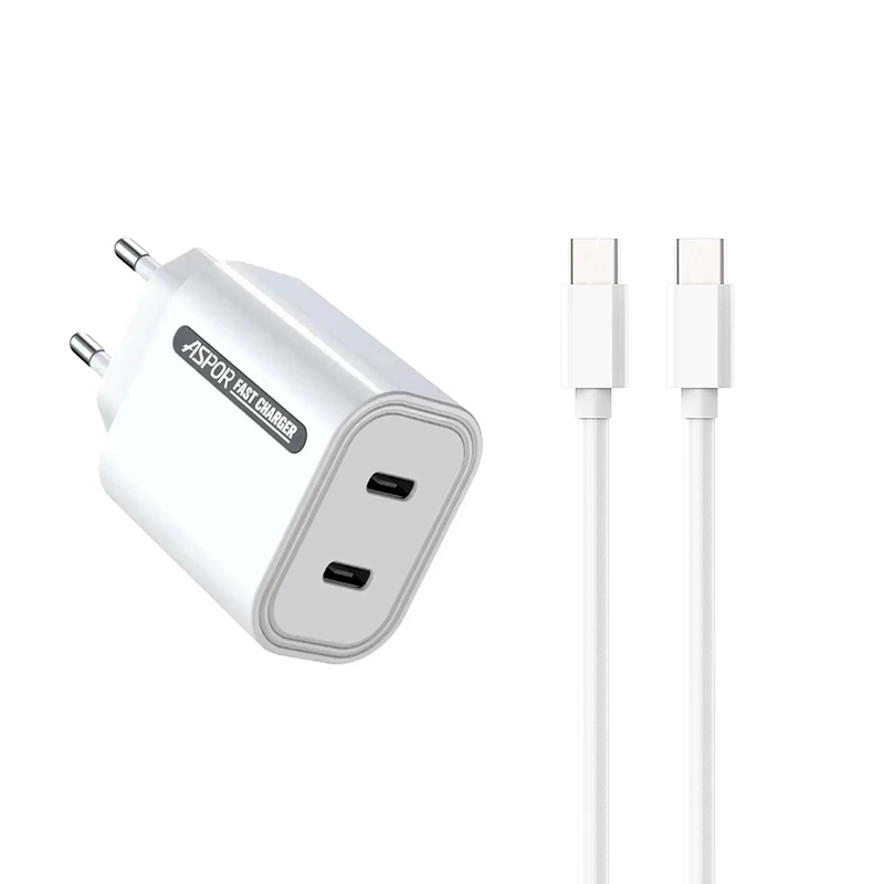 Мережевий зарядний пристрій Aspor A807 (USB-C/USB-C/3A/45W) + кабель Type-C - Type-C- білий