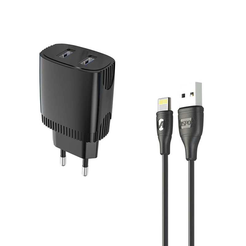 Мережевий зарядний пристрій Aspor A811 (2USB/2.4A) + кабель USB – Lightning- чорний