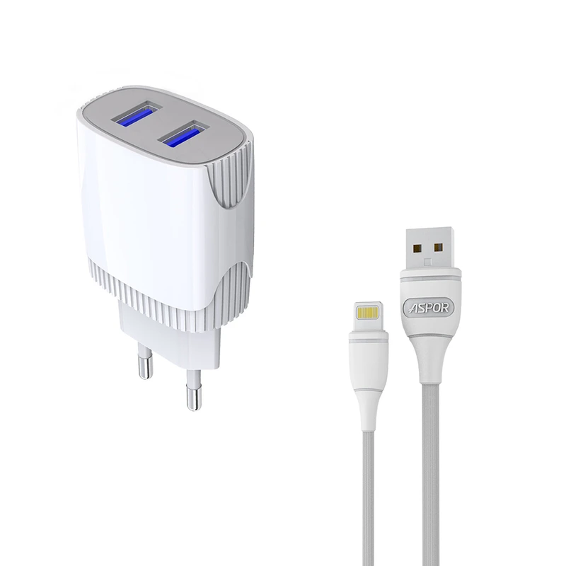 Мережевий зарядний пристрій Aspor A811 (2USB/2.4A) + кабель USB – Lightning- білий