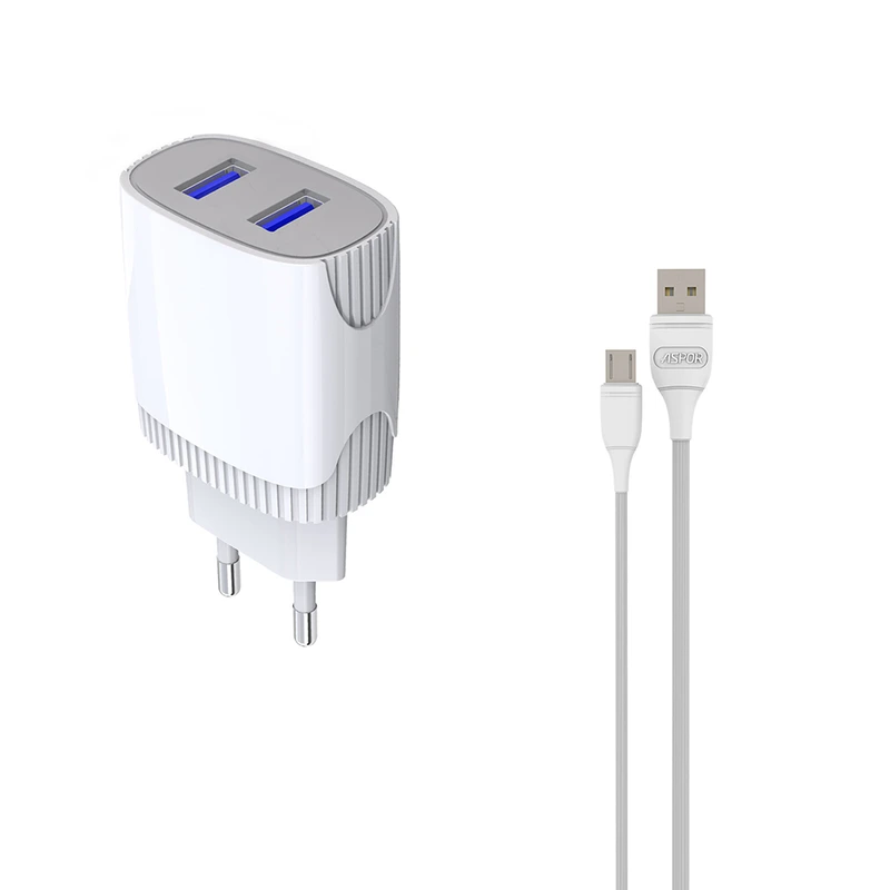 Мережевий зарядний пристрій Aspor A811 (2USB/2.4A) + кабель USB – Micro- білий