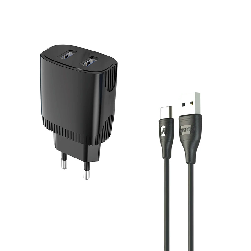 Мережевий зарядний пристрій Aspor A811 (2USB/2.4A) + кабель USB – Type-C- чорний