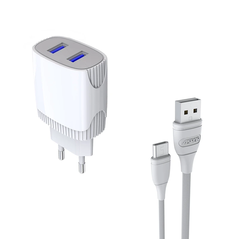 Мережевий зарядний пристрій Aspor A811 (2USB/2.4A) + USB кабель Type-C- білий