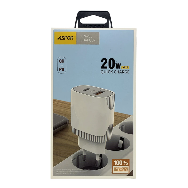 Мережевий зарядний пристрій Aspor A816 PD 20W + QC Fast Charger- білий