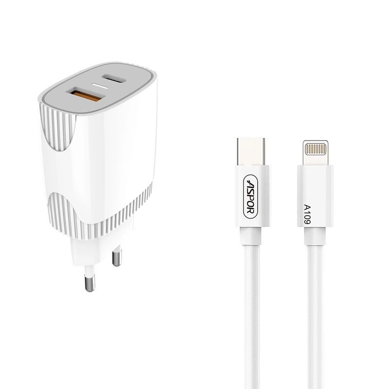 Мережевий зарядний пристрій Aspor A816 PD + QC Fast Charger 2в1 Type-C + Lightning- білий — Aspor