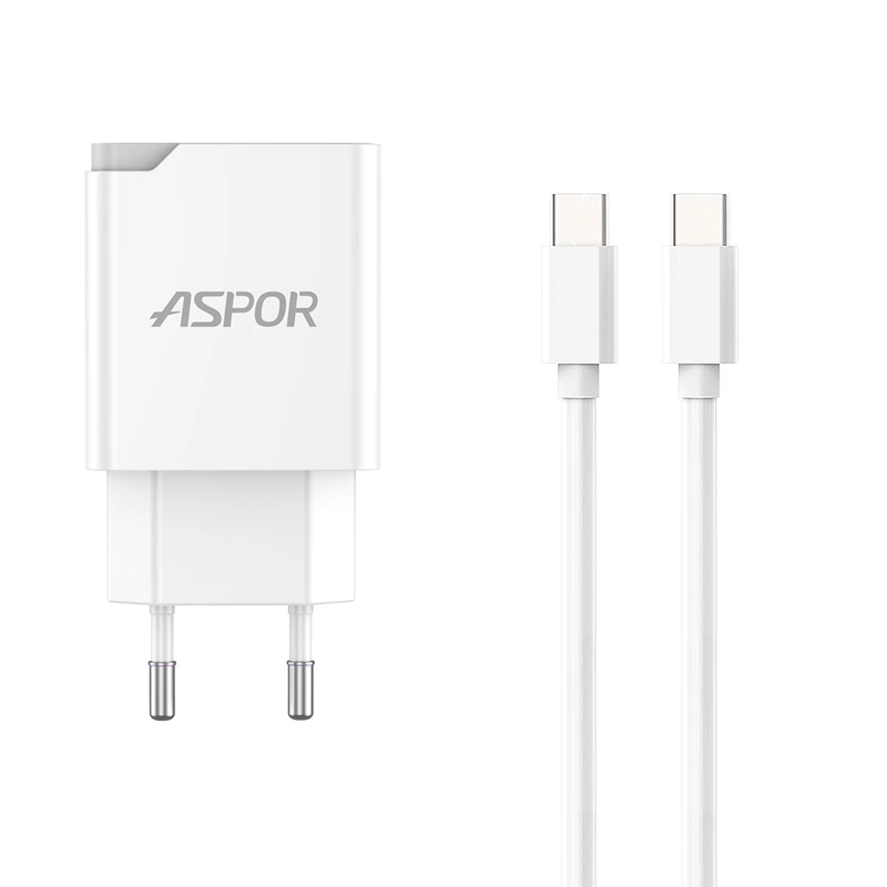 Мережевий зарядний пристрій Aspor A826 PD (20W/USB/Type-C) + кабель Type-C – Type-C- білий — Aspor