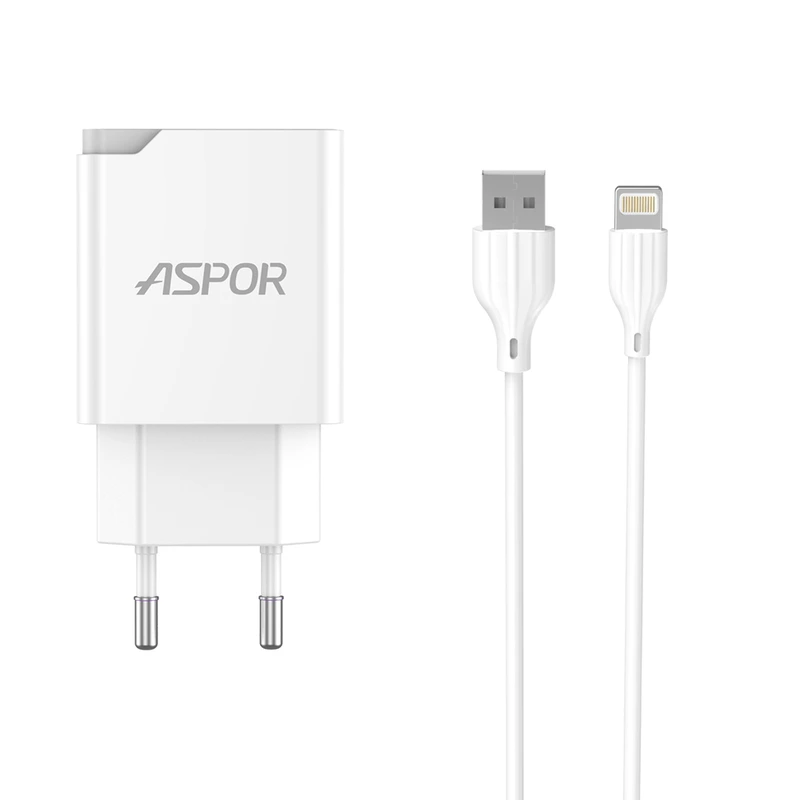 Мережевий зарядний пристрій Aspor A826 PD (20W/USB/Type-C) + кабель USB –  Lightning- білий — Aspor