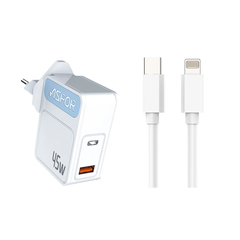 Мережевий зарядний пристрій Aspor A839 45W PD QC (UCB C+A) 2в1 Type-C + Lightning- білий — Aspor