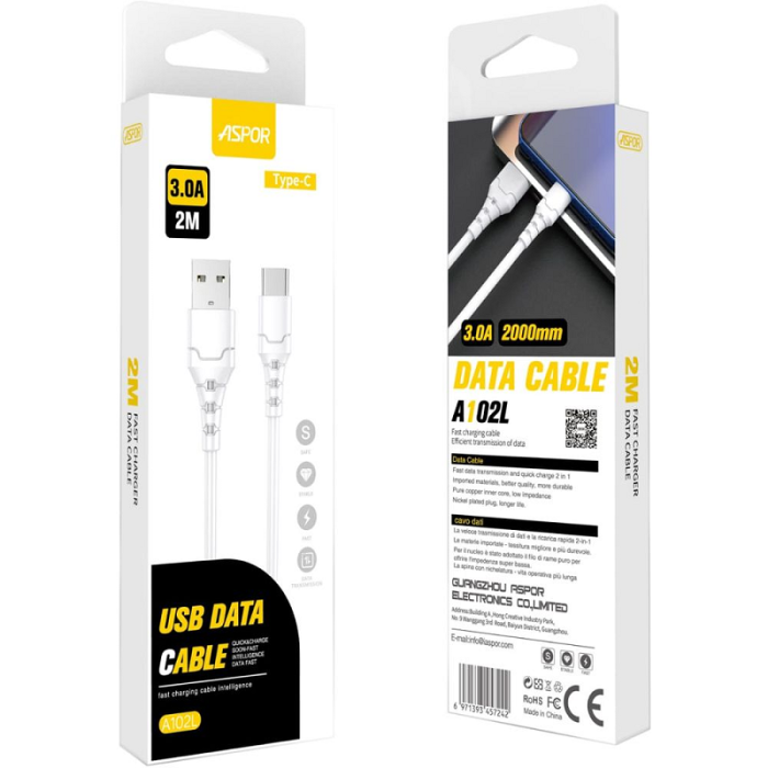 USB кабель Aspor A102L Type-C Fast Charge 3A/2м- білий — Aspor
