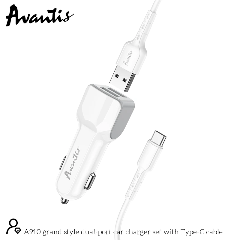 Автомобільний зарядний пристрій Avantis A910 Grand style (2USB/2.4A) + USB кабель Type-C- білий