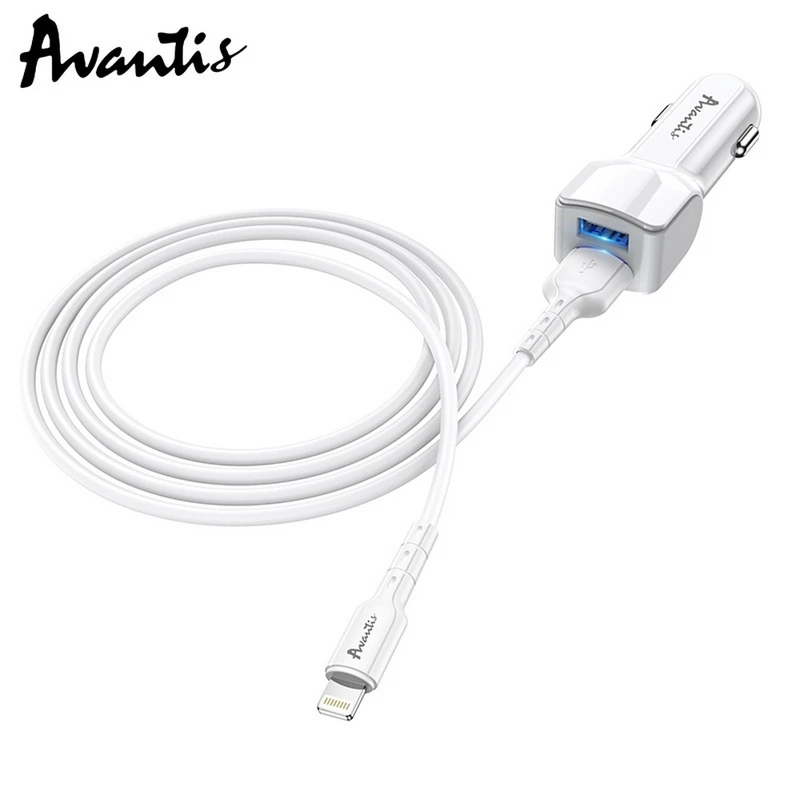 Автомобільний зарядний пристрій Avantis A910 Grand style (2USB/2.4A) + USB кабель Lightning- білий