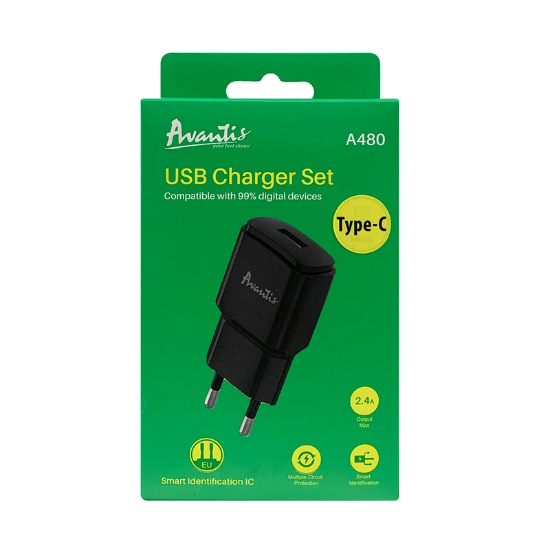 Мережевий зарядний пристрій Avantis A480 Orion (1USB/2.1A) + USB кабель Type-C- чорний