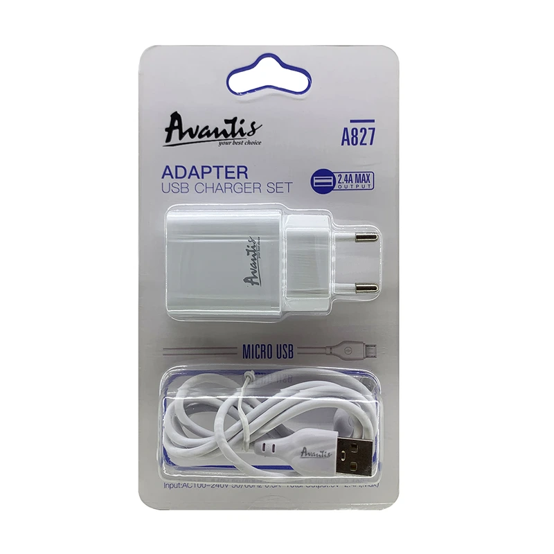 Мережевий зарядний пристрій Avantis A827 (1USB/2.4A) + USB кабель Micro- білий