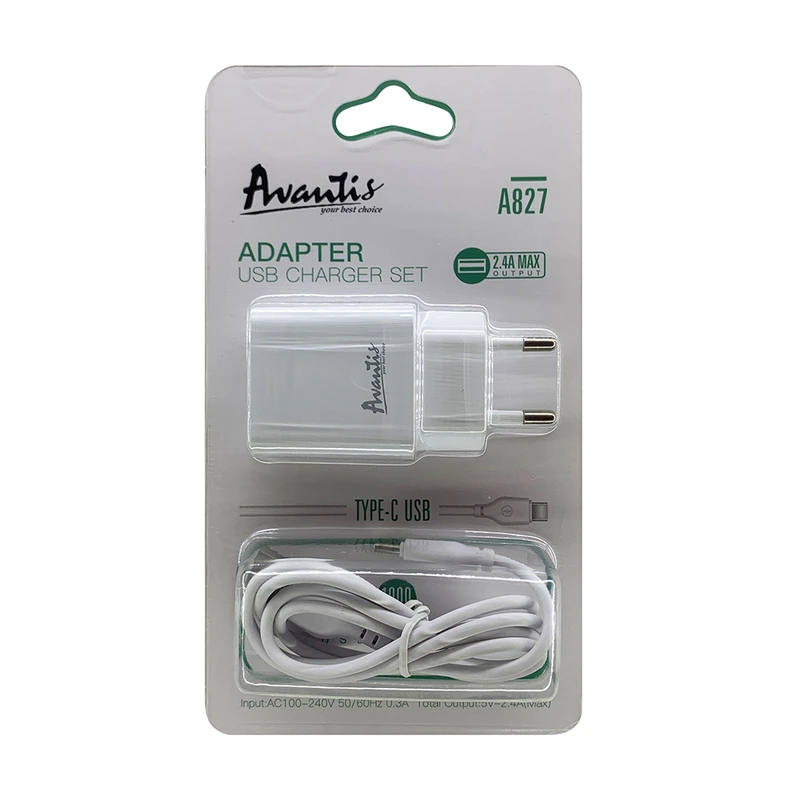 Мережевий зарядний пристрій Avantis A827 (1USB/2.4A) + USB кабель Type-C- білий
