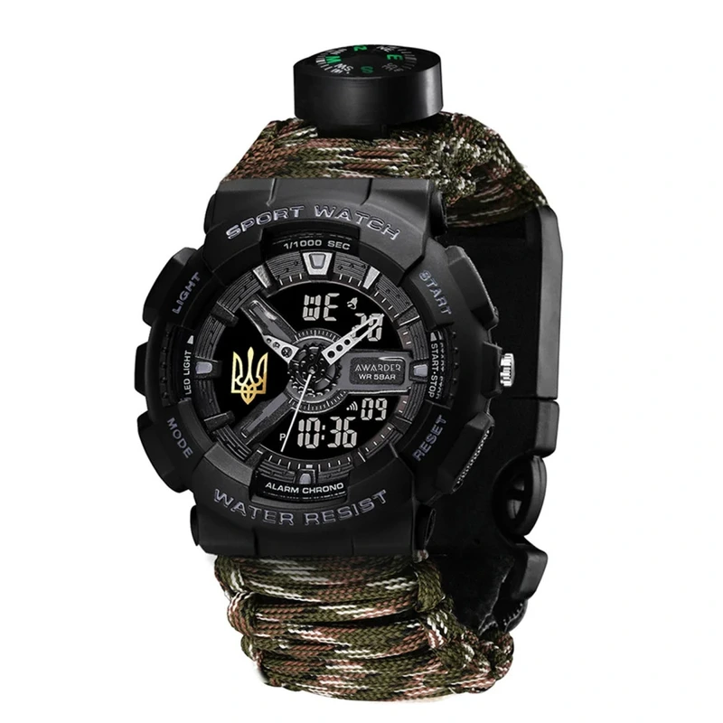 Годинник наручний Awarder 005P Тризуб золото Чорний Паракордовий ремінець Camo Green + Коробка (1202-0885)