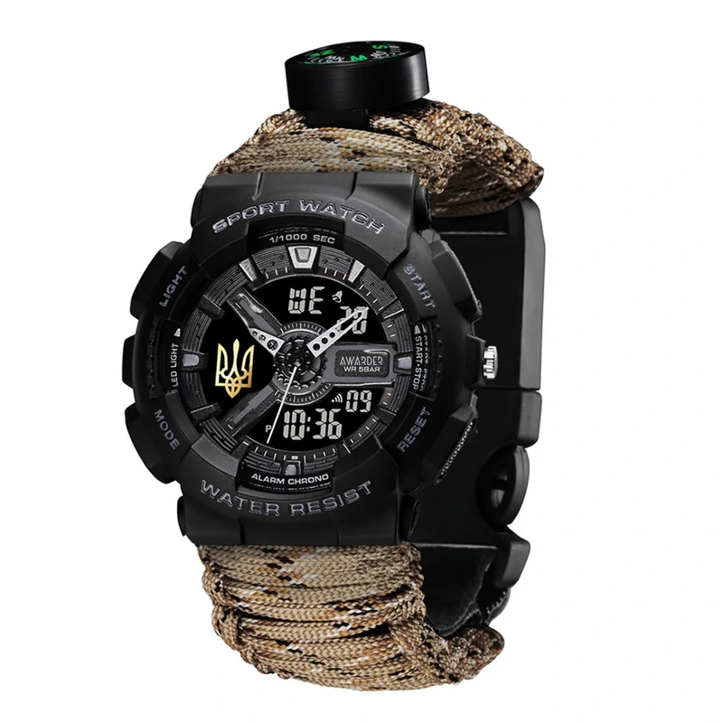 Годинник наручний Awarder 005P Тризуб золото Чорний Паракордовий ремінець Desert Camo + Коробка (1202-0883)