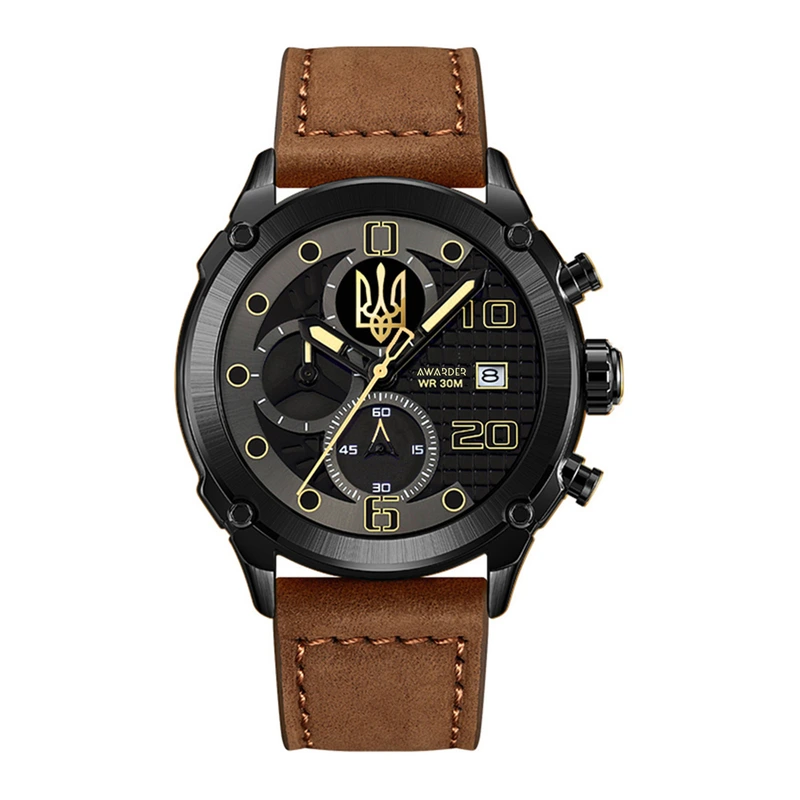 Годинник наручний Awarder 016 Black-Brown Тризуб золото