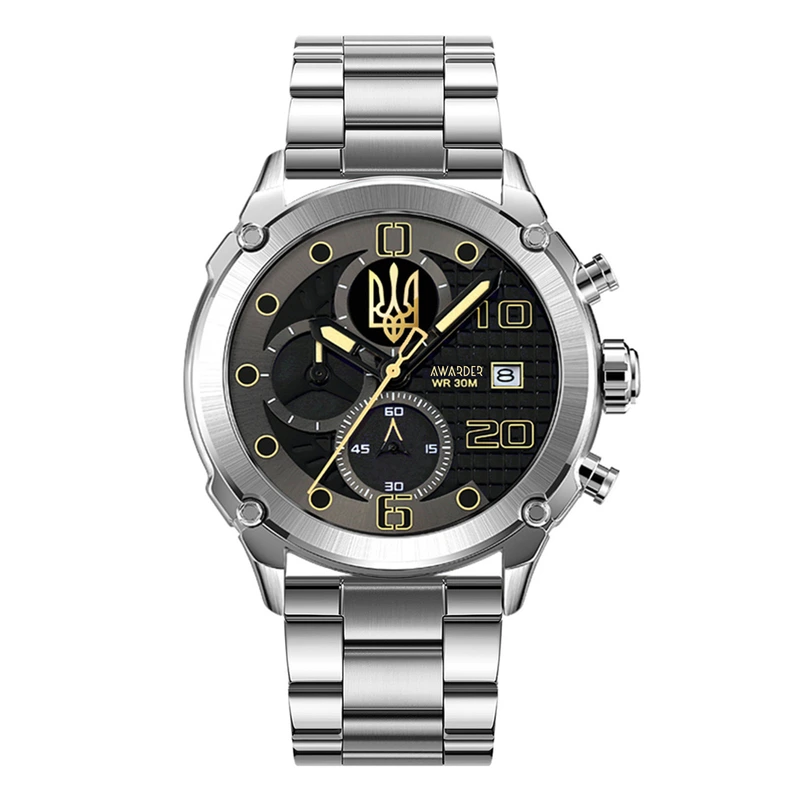 Годинник наручний Awarder 016 Тризуб золото Silver-Black Steel