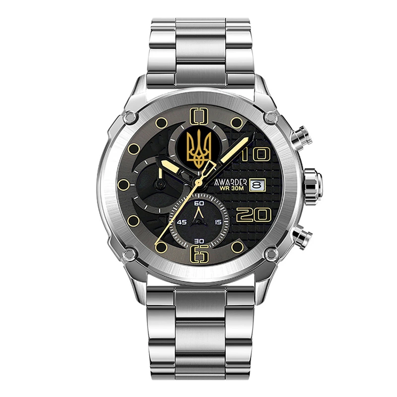 Годинник наручний Awarder 016 Тризуб золото Silver-Black Steel (1202-0987)