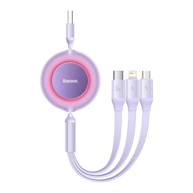 Кабель Baseus Bright Mirror 2 Series Retractable 3-in-1 Fast Charging  Data Cable USB to M+L+C 66W 1.1m Purple — Baseus